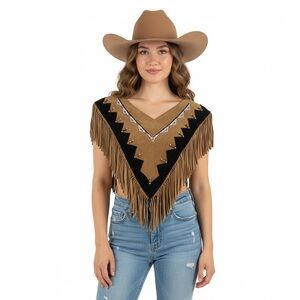 Brown Suede Leather Poncho w/ Fringe & Native American Beading